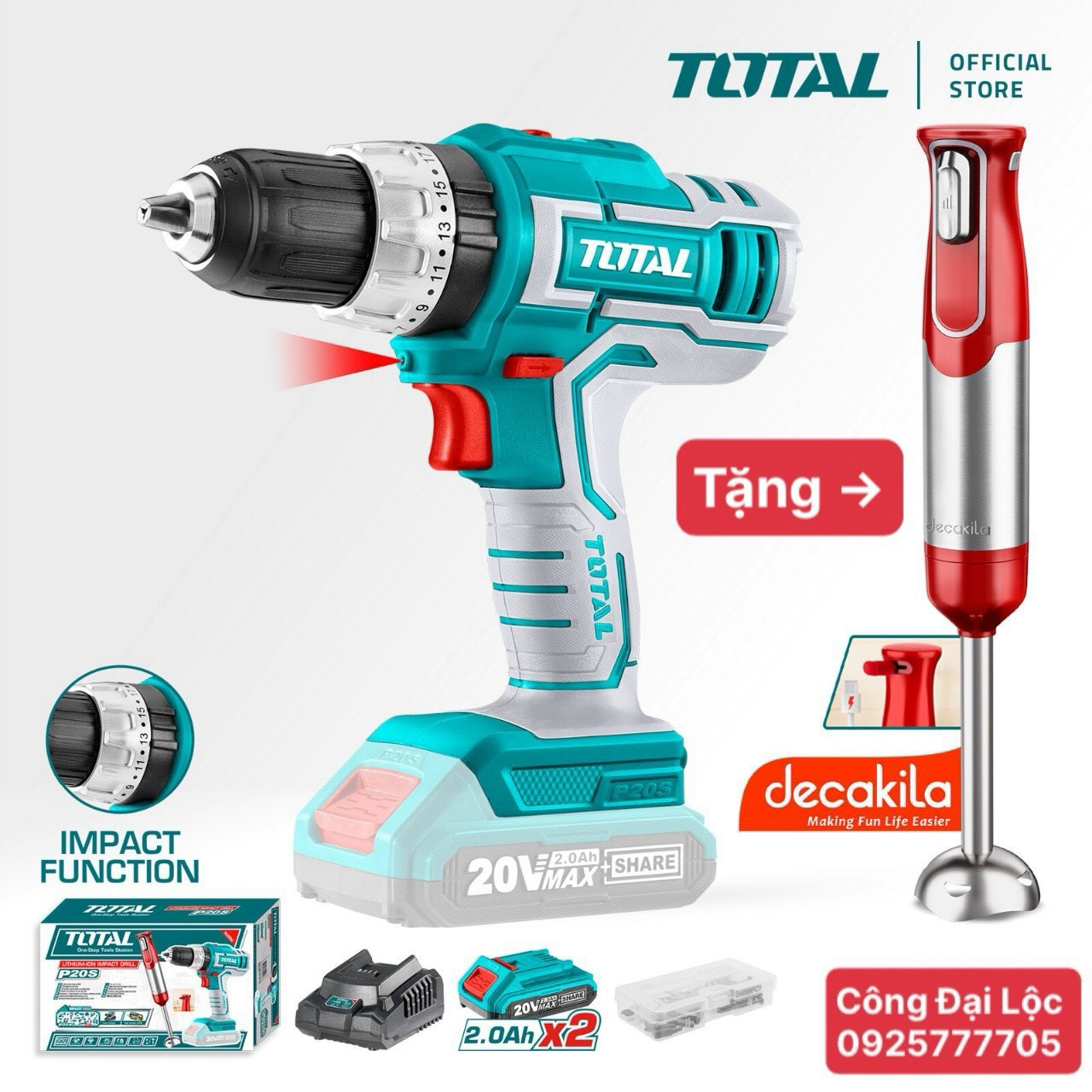 [ TOSLI22112 ] - Bộ combo máy khoan búa TIDLI20031 dùng pin 20V Total và máy xay cầm tay KMJB023R hiệu DECAKILA