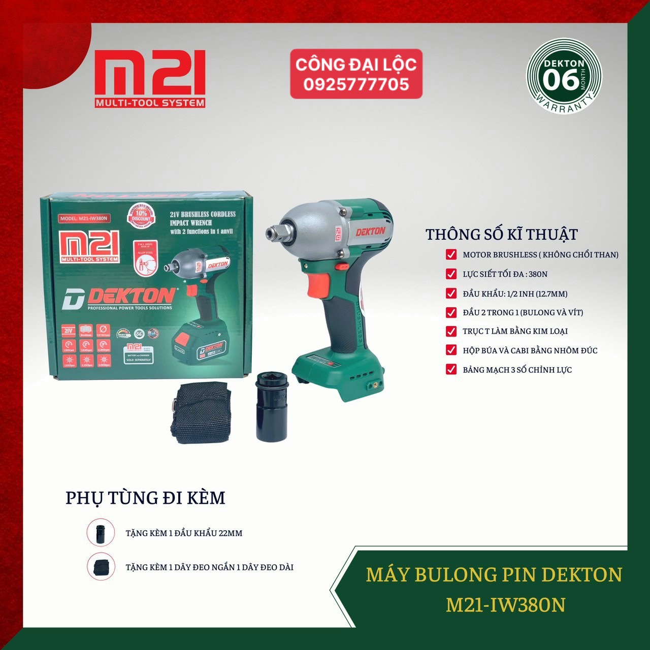 Body/Thân máy siết bulon / vít M21-IW380N Dekton ( đầu 2 trong 1 )