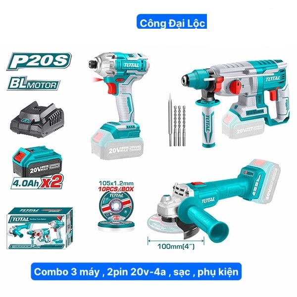 Combo Máy Khoan Bêtông + Máy Mài Góc + Máy Siết Vít Dùng Pin 20v TOTAL TOSLI2301510